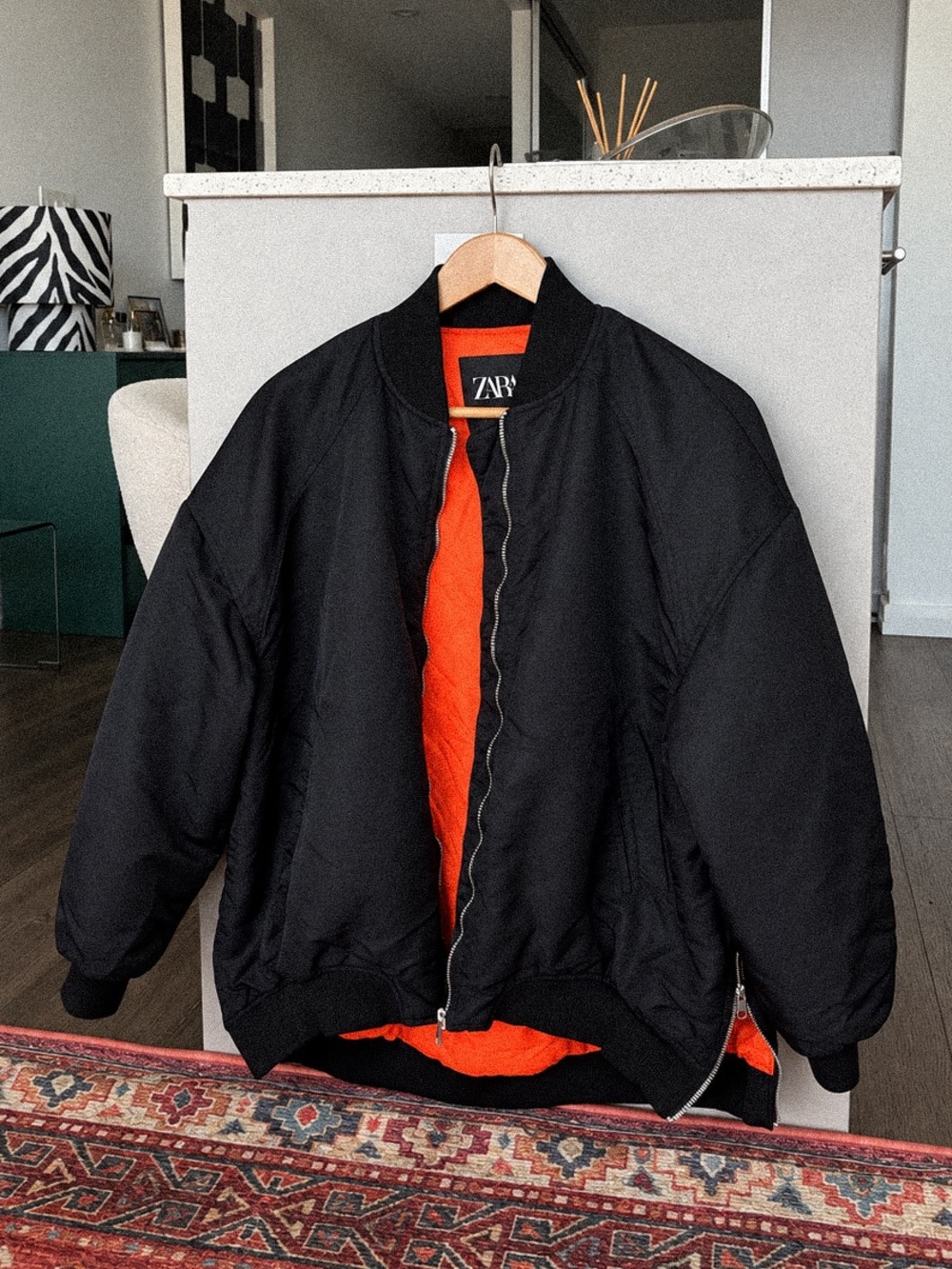 ZARA Oversized Black Bomber Jacket | Orange Lining